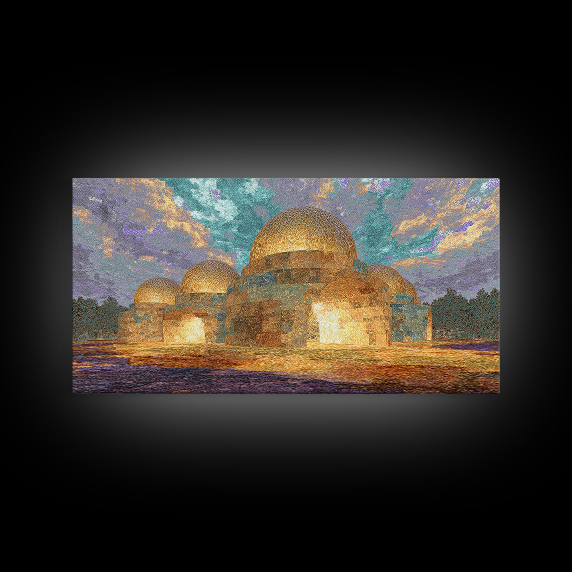 Glowing Golden Dome Palace Canvas Print, Dreamy Wall Art, African Inspired Architecture, Teal And Gold Decor, Elegant Home Art