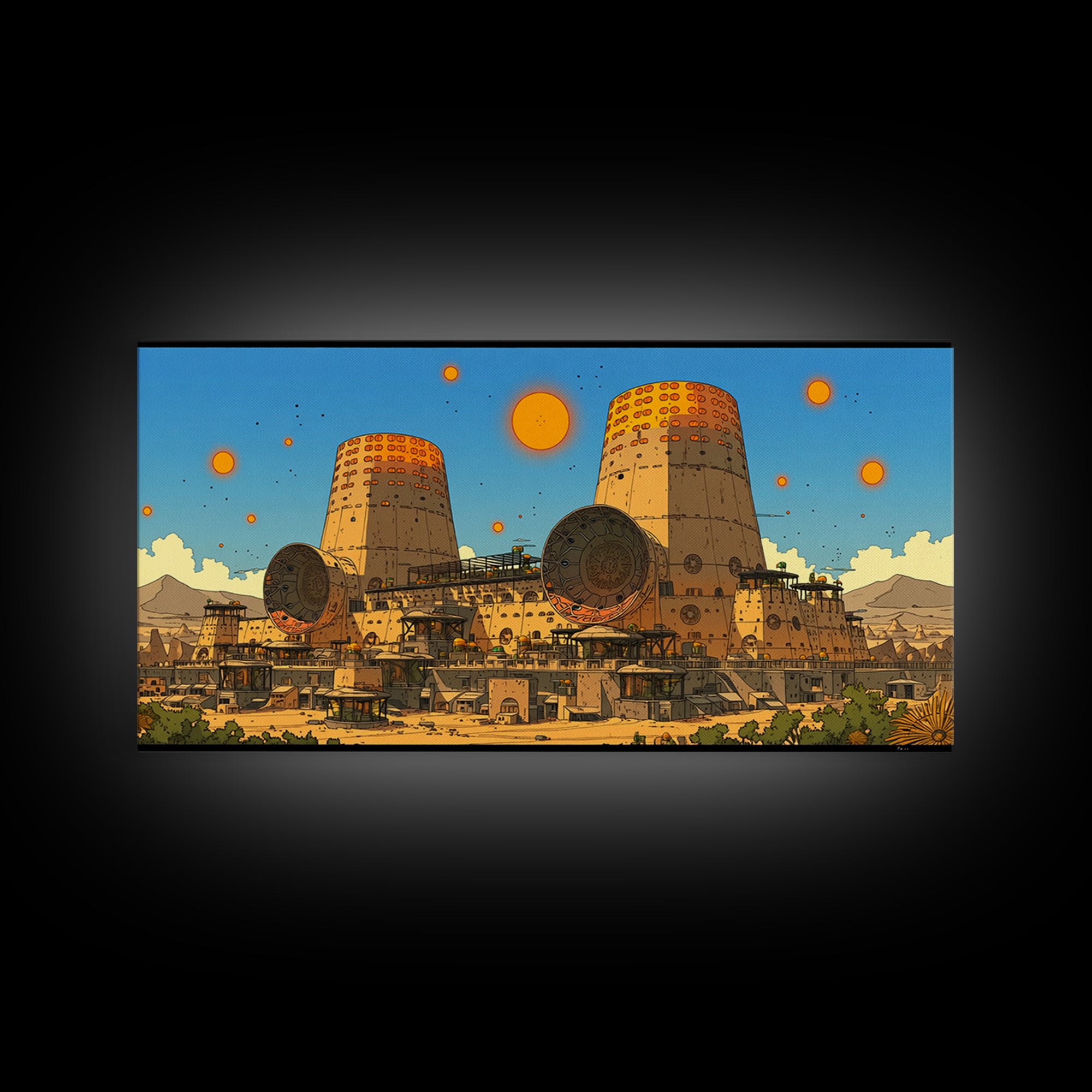 Desert Towers And Orange Suns Wall Art, Sci Fi African Inspired Settlement, Canvas Print, Modern Wall Decor, Unique Home Decor
