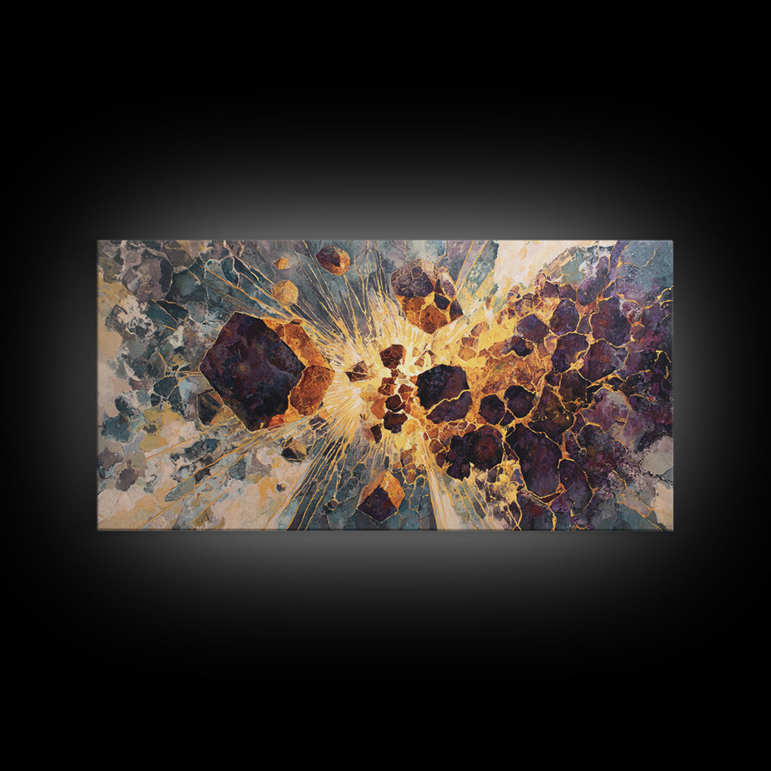 Exploding Gemstone Abstract Wall Art, Modern African Art Canvas Print, Gold Crackle Luxury Decor, Cosmic Statement Artwork