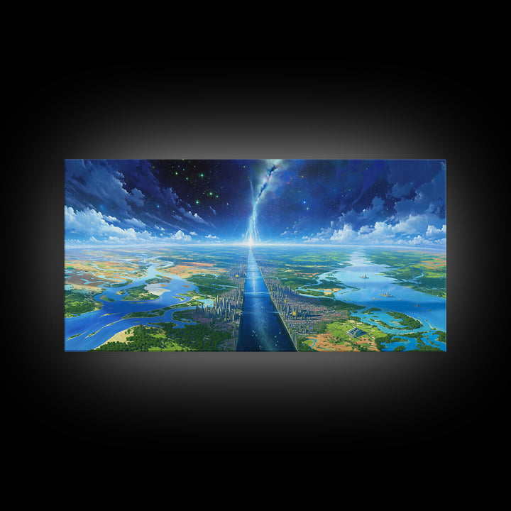 Blue Futuristic Cityscape Wall Art, Dreamy Landscape Canvas Print, Modern Canvas Art, Sci Fi Skyline Living Room Decor Gift