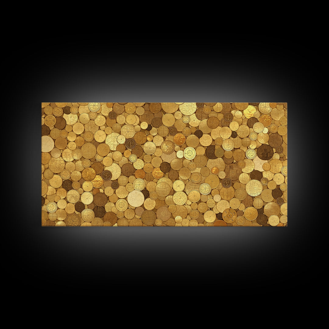 Golden Coin Disc Mosaic Wall Art, African Inspired Canvas Print, Textured Art Print, Gold Circle Pattern Home Decor Gift