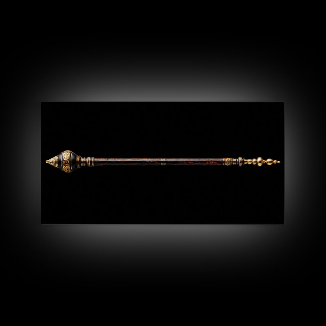 Ornate African Ceremonial Staff Wall Art, Tribal Artifact Canvas Print, Black Gold Scepter, Cultural Statement Decor Gift