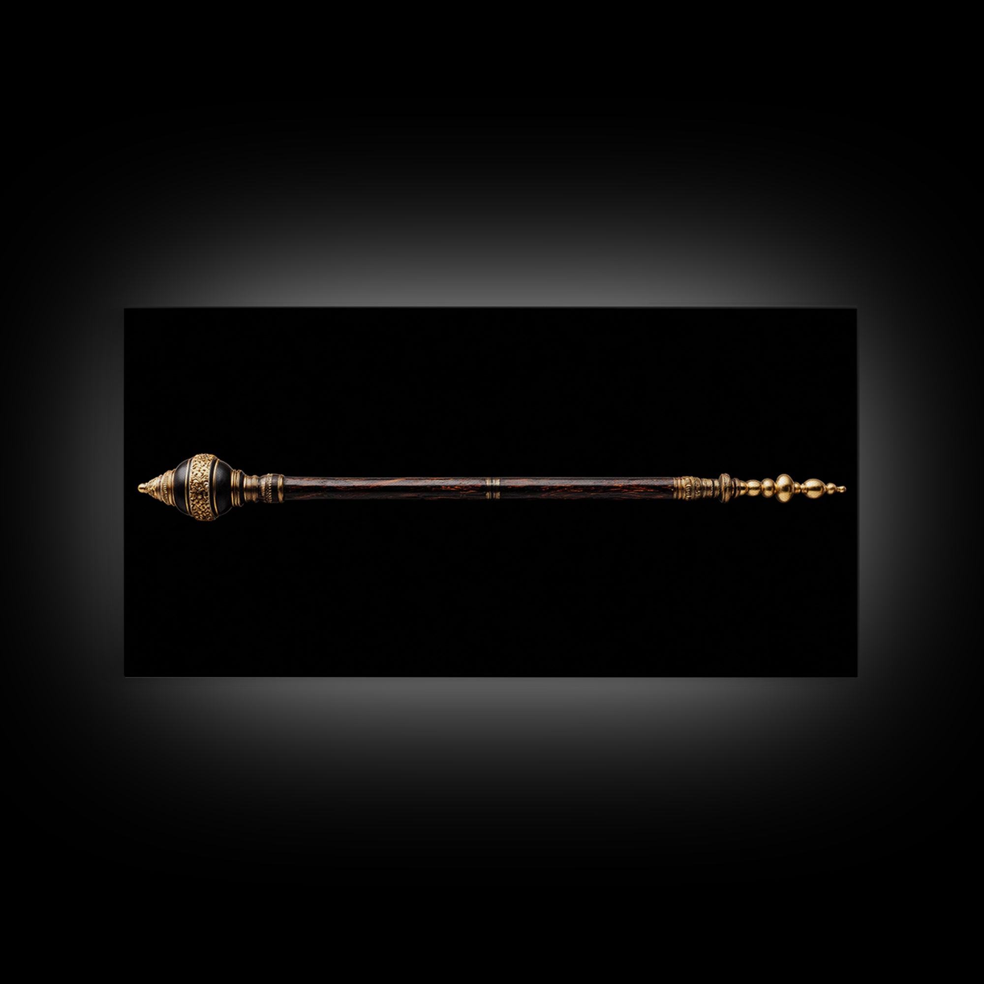 Ornate African Ceremonial Staff Wall Art, Tribal Artifact Canvas Print, Black Gold Scepter, Cultural Statement Decor Gift