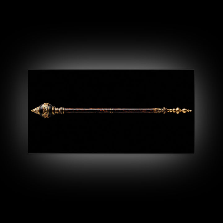 Ornate African Ceremonial Staff Wall Art, Tribal Artifact Canvas Print, Black Gold Scepter, Cultural Statement Decor Gift