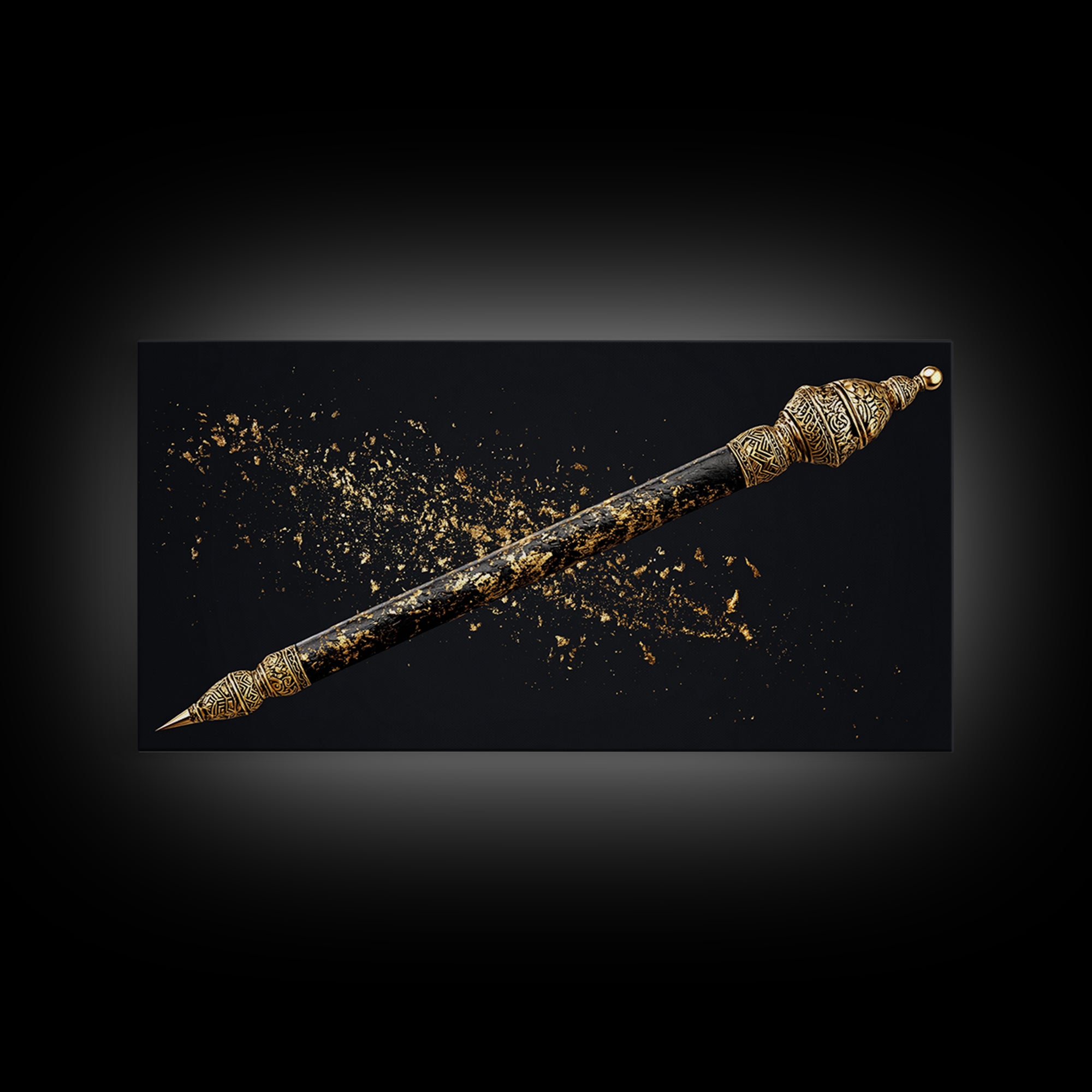 Ornate Black Gold Ceremonial Spear Canvas Print, African Warrior Art, Tribal Wall Decor, Afrocentric Luxury Home Decor Gift