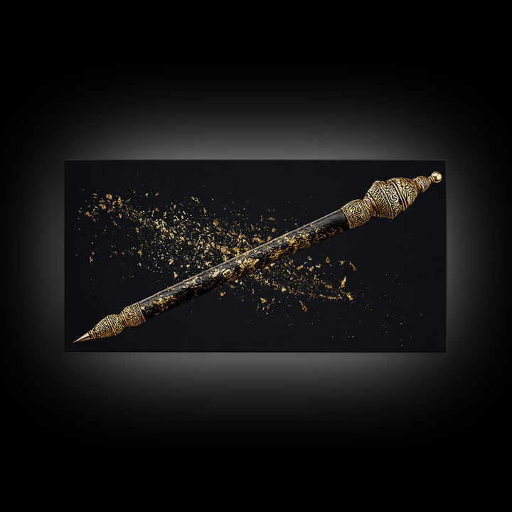 Ornate Black Gold Ceremonial Spear Canvas Print, African Warrior Art, Tribal Wall Decor, Afrocentric Luxury Home Decor Gift