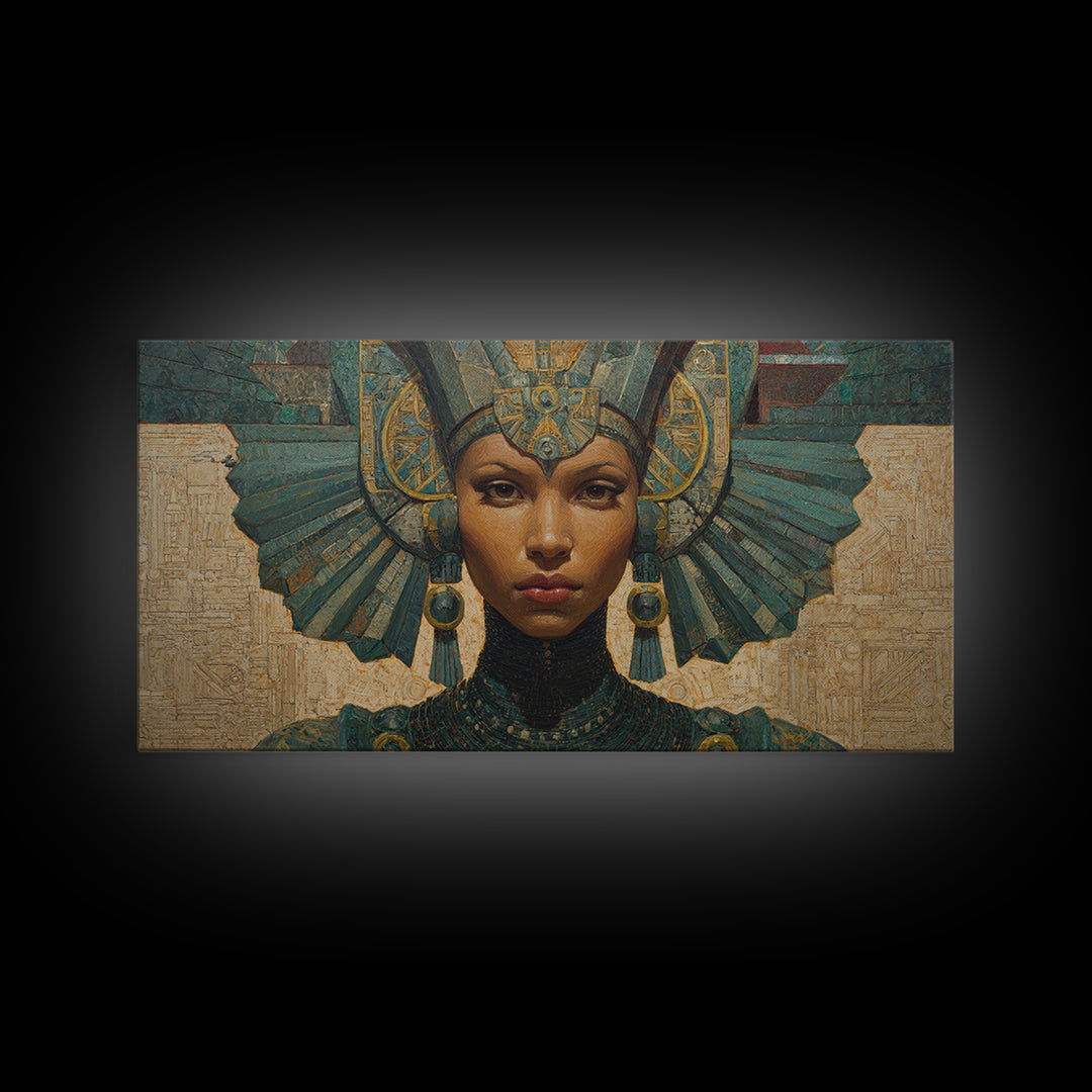 Regal Egyptian Queen Headdress Canvas Print, African Portrait Wall Art, Teal Gold Cultural Decor, Goddess Home Decor Gift