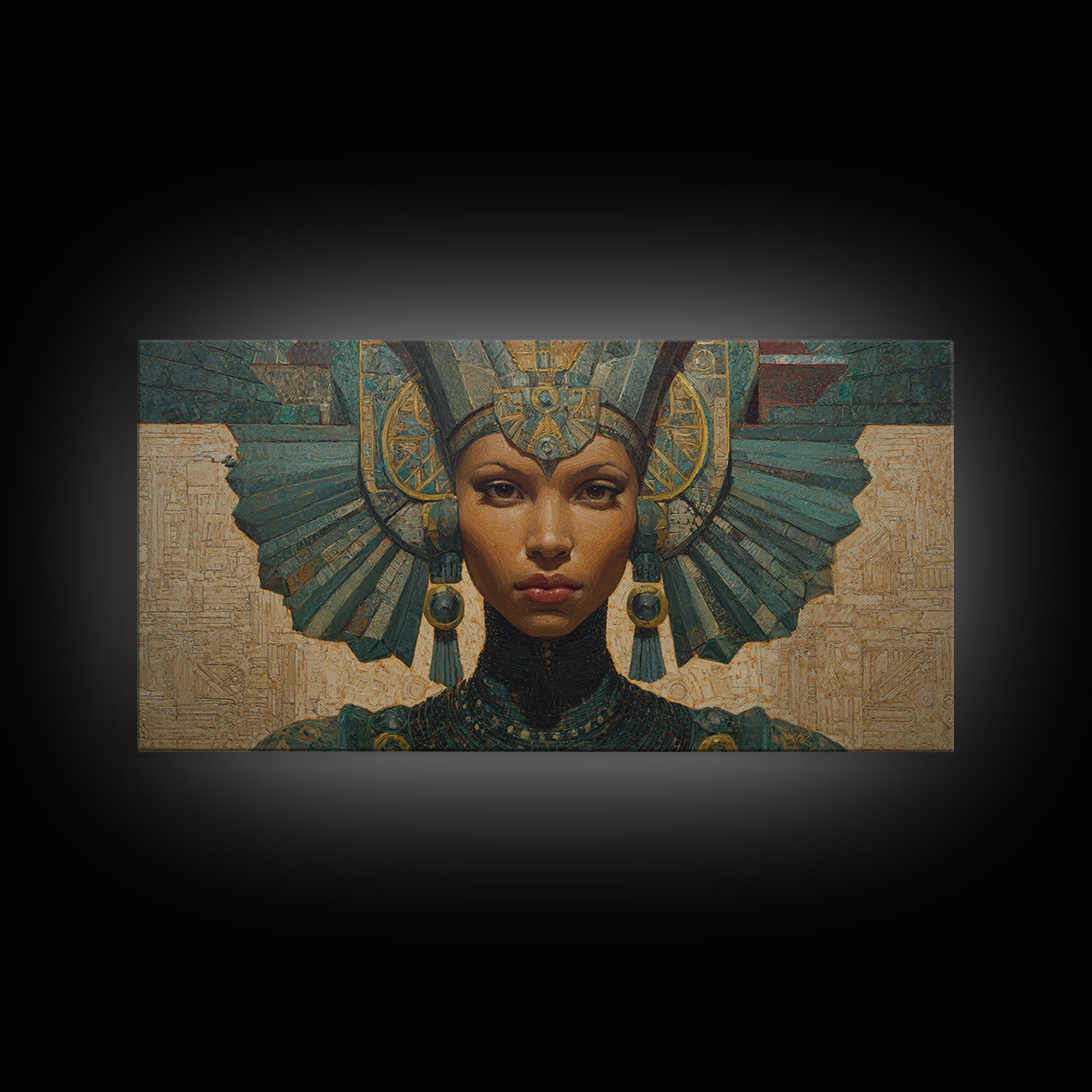 Regal Egyptian Queen Headdress Canvas Print, African Portrait Wall Art, Teal Gold Cultural Decor, Goddess Home Decor Gift
