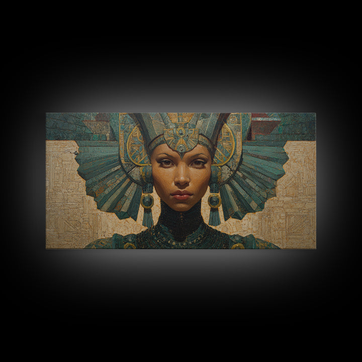 Regal Egyptian Queen Headdress Canvas Print, African Portrait Wall Art, Teal Gold Cultural Decor, Goddess Home Decor Gift