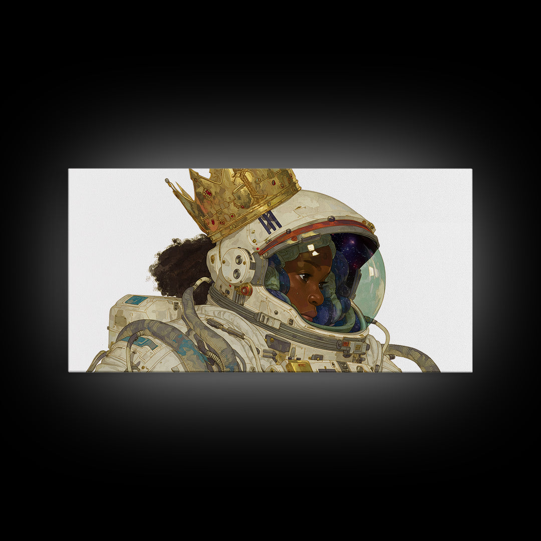Crowned Black Girl Astronaut Framed Canvas Print, Afrofuturism Wall Art, Black Queen Portrait, Space Galaxy Home Decor Gift