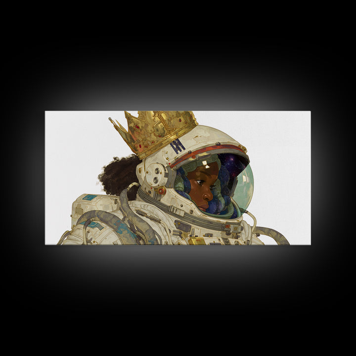 Crowned Black Girl Astronaut Framed Canvas Print, Afrofuturism Wall Art, Black Queen Portrait, Space Galaxy Home Decor Gift