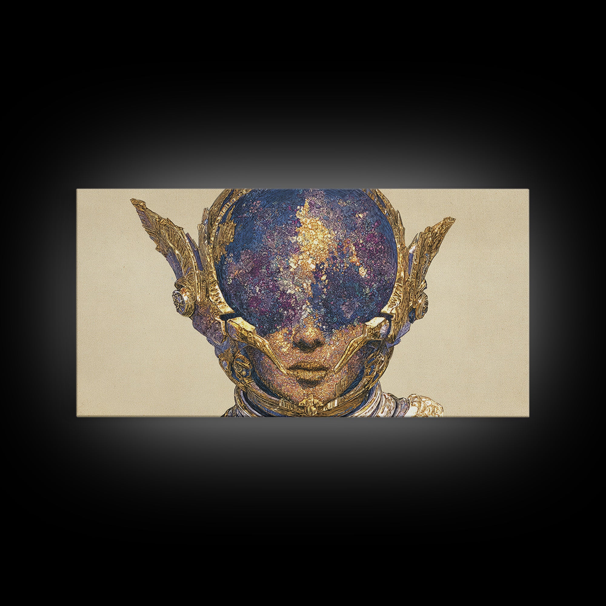 Cosmic Gold Goddess Face Wall Art, African Abstract Portrait, Mystical Afrocentric Decor, Fantasy Figure Luxury Canvas Print