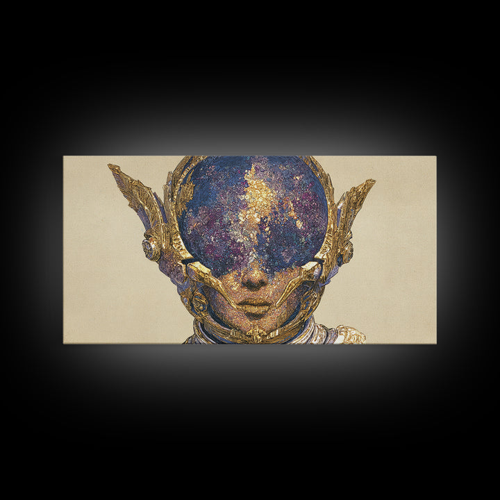 Cosmic Gold Goddess Face Wall Art, African Abstract Portrait, Mystical Afrocentric Decor, Fantasy Figure Luxury Canvas Print