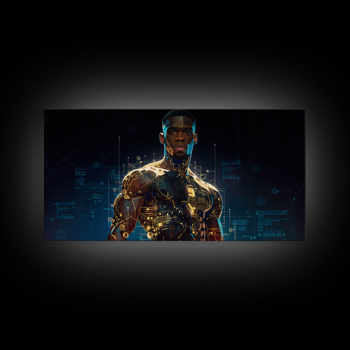 Powerful Black Cyborg Warrior Wall Art, Afrofuturism Decor, African American Art, Futuristic Tech Portrait Canvas Print Gift
