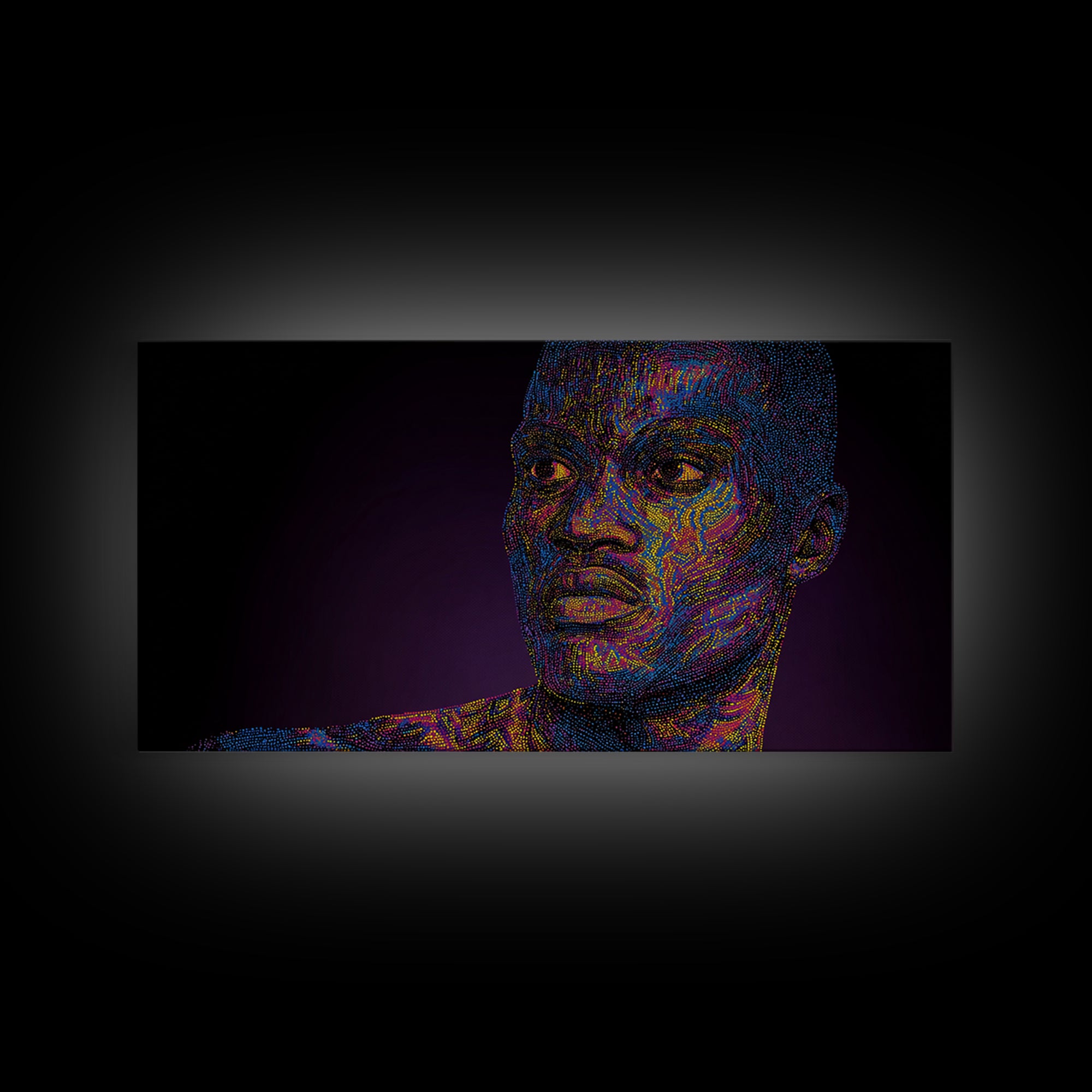 Neon Pointillist Black Man Portrait Canvas Print, African American Wall Art, Digital Afro Art, Modern Masculine Home Decor