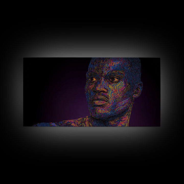 Neon Pointillist Black Man Portrait Canvas Print, African American Wall Art, Digital Afro Art, Modern Masculine Home Decor