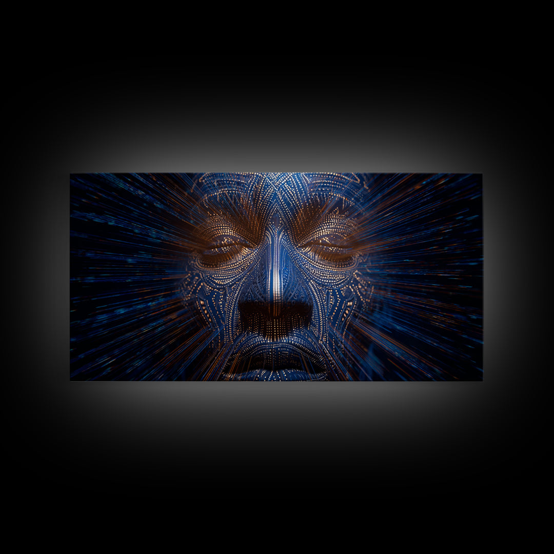 Blue Orange Digital Tribal Face Wall Art, African Mask Art, Afrofuturism Decor, Abstract Black Art, Statement Canvas Print