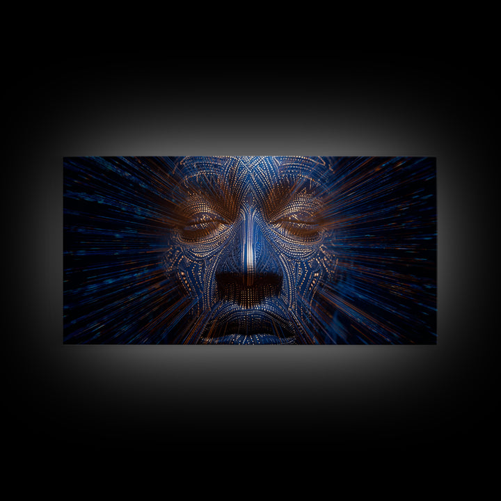 Blue Orange Digital Tribal Face Wall Art, African Mask Art, Afrofuturism Decor, Abstract Black Art, Statement Canvas Print