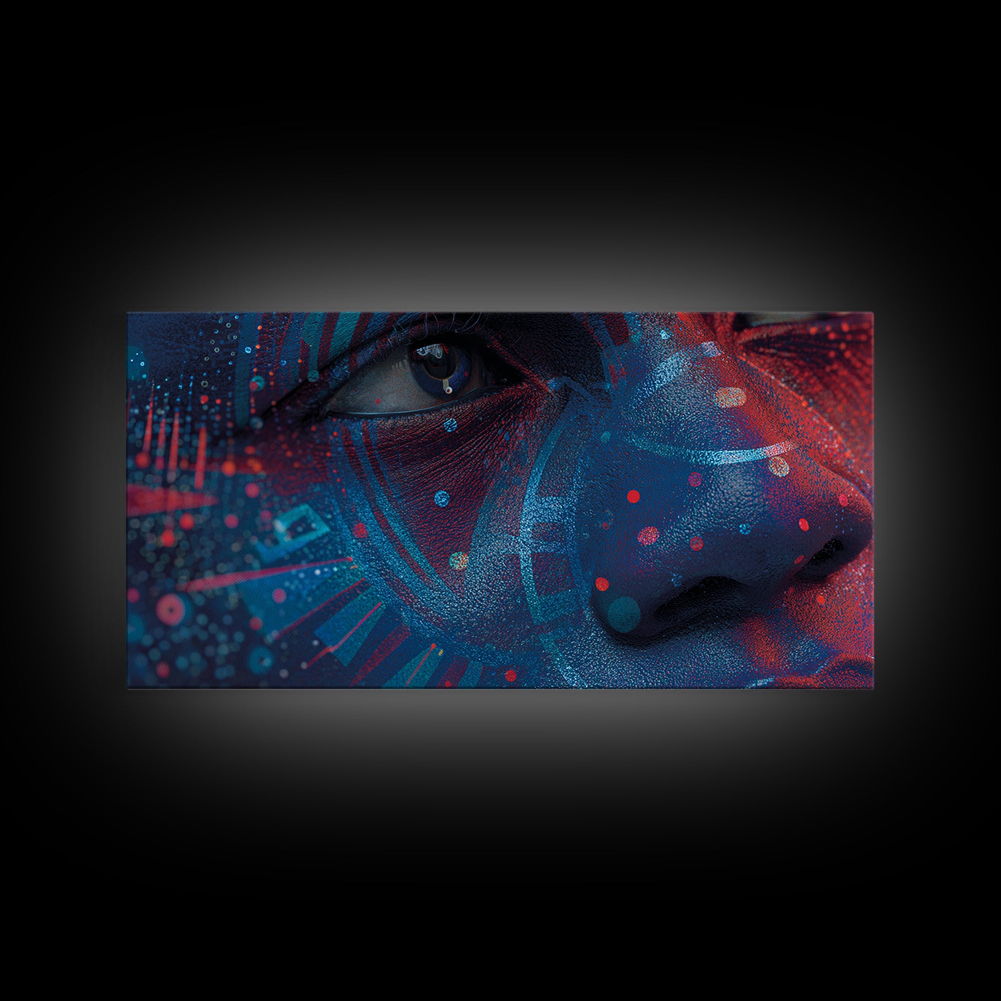 Blue Red Afro Futurist Face Close Up Wall Art, African Portrait, Black Beauty Art, Tribal Art Decor, Modern Canvas Print