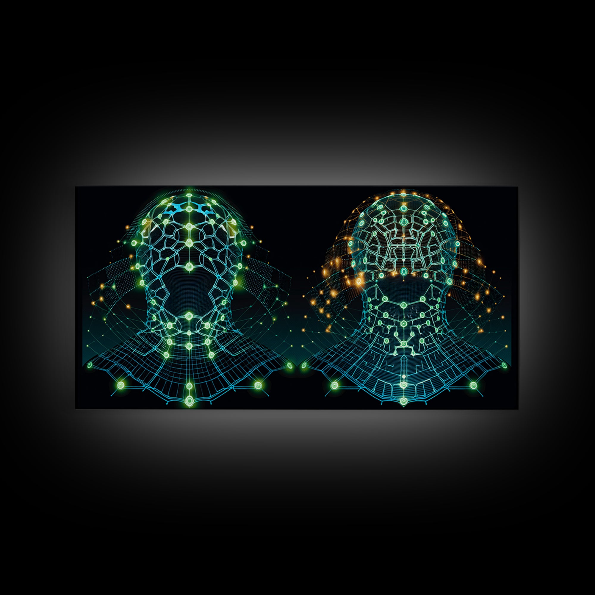 Glowing Cyber African Masks Canvas Print, Afrofuturism Decor, Tribal Mask Art, Digital Wall Art, Afrocentric Home Decor Gift