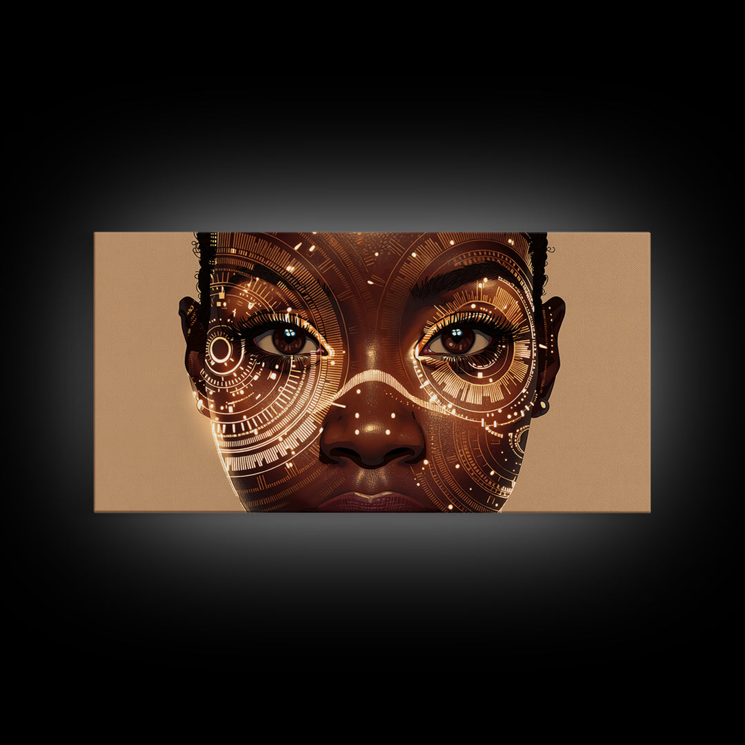 Golden Circuit African Woman Portrait Framed Canvas Print, Black Female Art, Afrocentric Wall Art, Luxury Canvas Art Decor