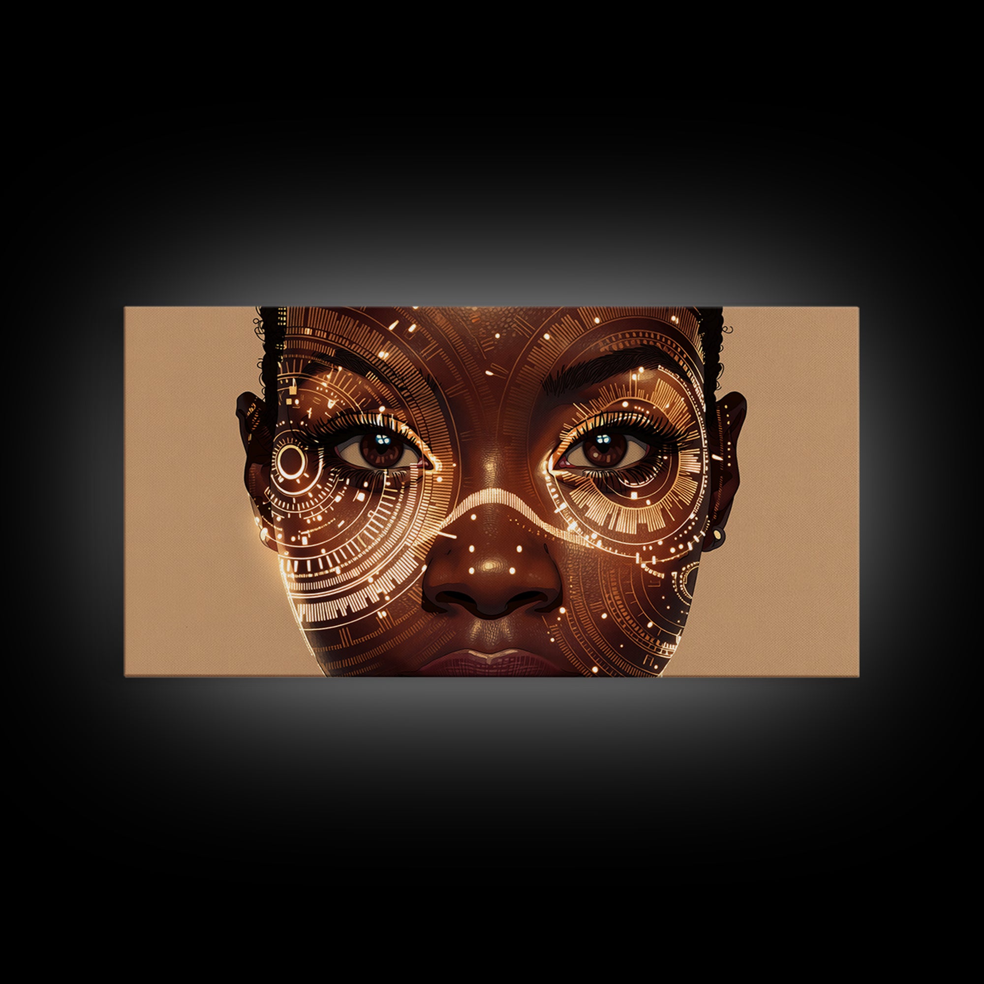 Golden Circuit African Woman Portrait Framed Canvas Print, Black Female Art, Afrocentric Wall Art, Luxury Canvas Art Decor
