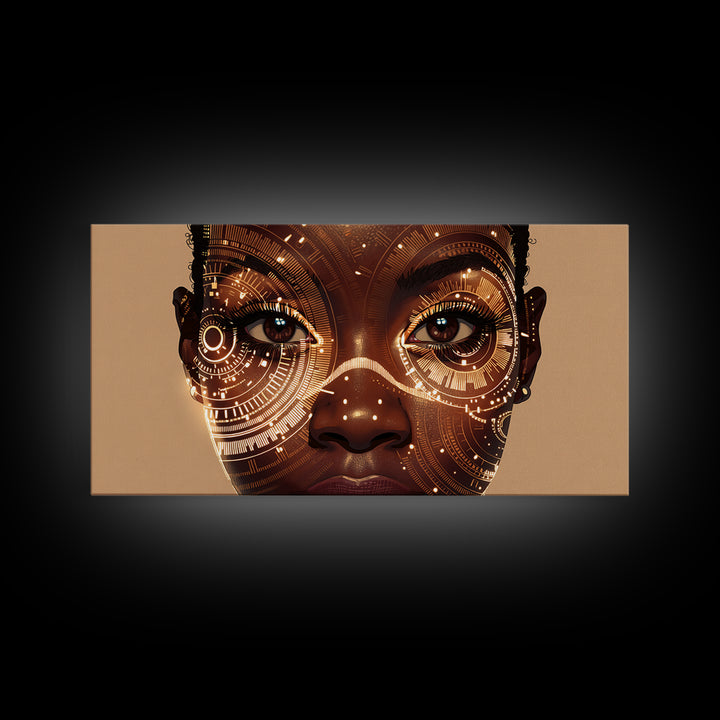 Golden Circuit African Woman Portrait Framed Canvas Print, Black Female Art, Afrocentric Wall Art, Luxury Canvas Art Decor