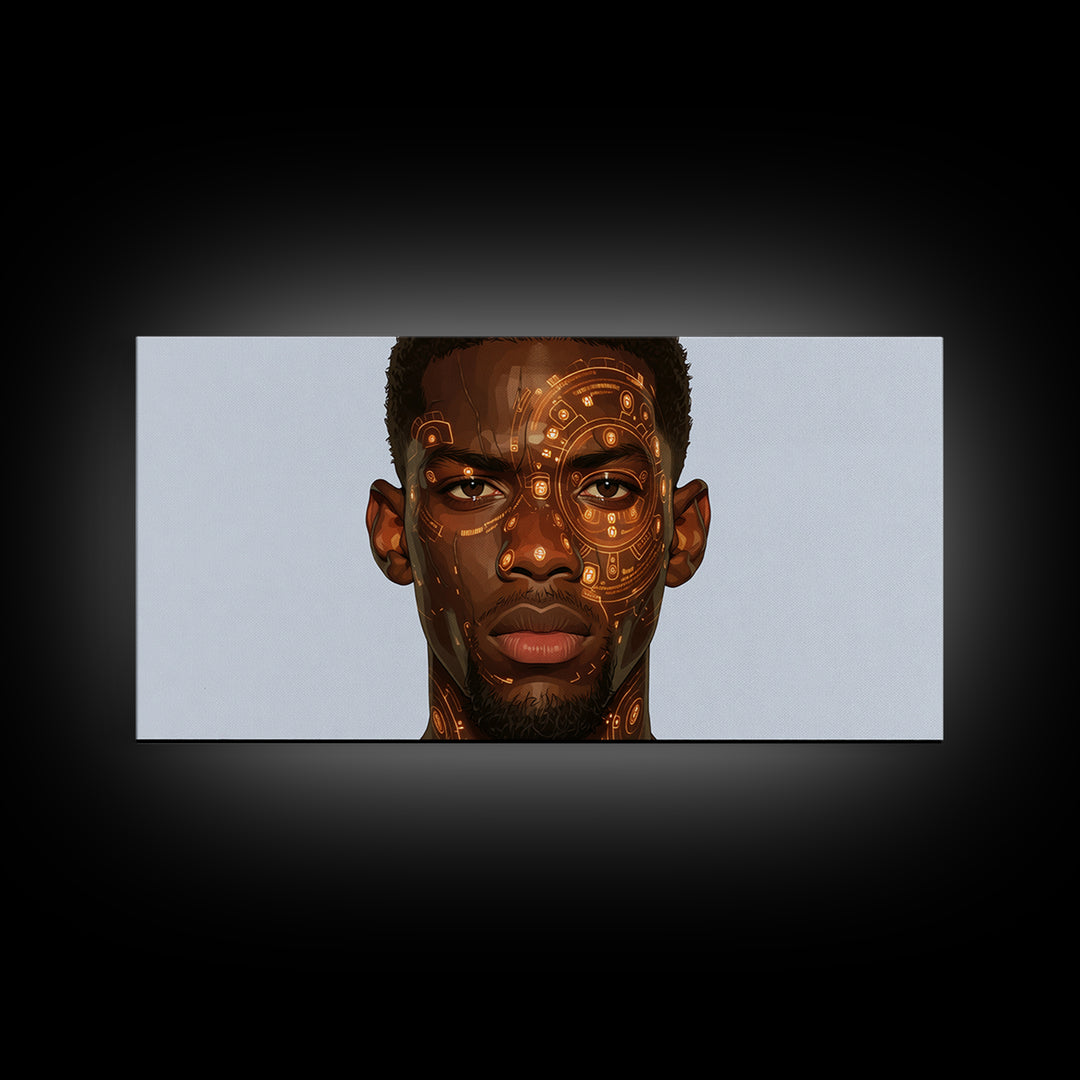 Orange Cyber Tribal Black Man Portrait Wall Art, African Portrait, Black Man Wall Art, Afrocentric Decor, Modern Canvas Art