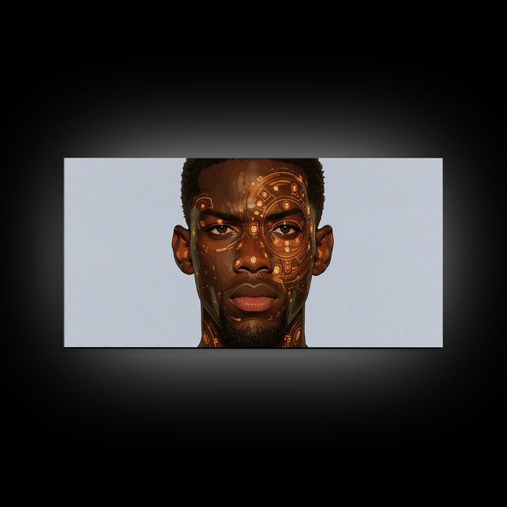 Orange Cyber Tribal Black Man Portrait Wall Art, African Portrait, Black Man Wall Art, Afrocentric Decor, Modern Canvas Art