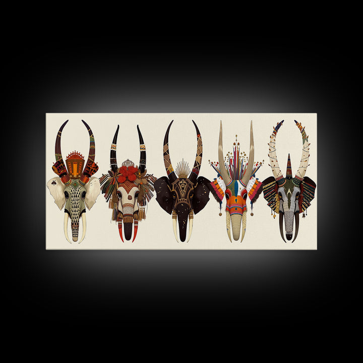 Horned African Animal Skull Masks Wall Art, Tribal Mask Art, African Safari Art, Cultural Wall Decor, Statement Piece Gift