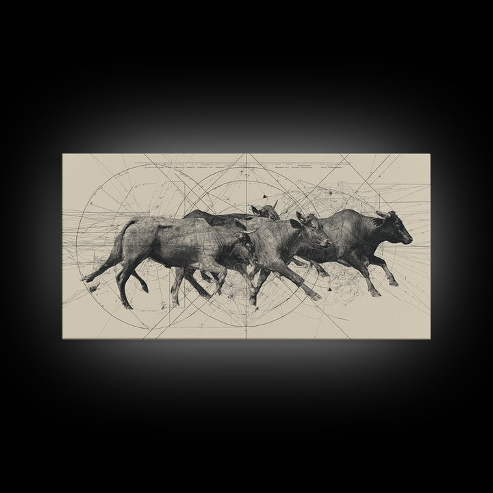 Running African Cattle Sketch Wall Art, Beige Ink Herd Drawing, Rustic Farmhouse Decor, Textured Canvas Print For Office