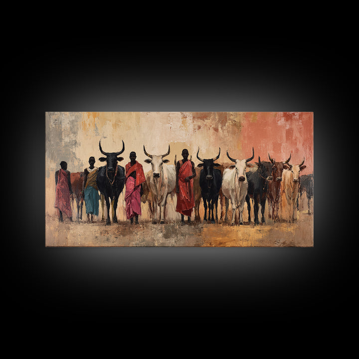 Maasai Herders With Longhorn Cattle Framed Canvas Print, African Safari Wall Art, Earth Tone Tribal Living Room Decor Gift