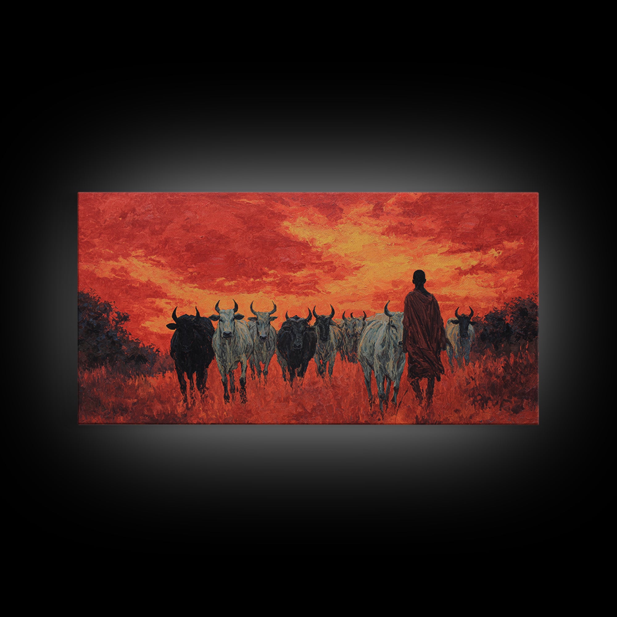 Red Sunset Cattle Drive Wall Art, Maasai Herder Safari Painting, African Landscape Decor, Dramatic Canvas Print For Home
