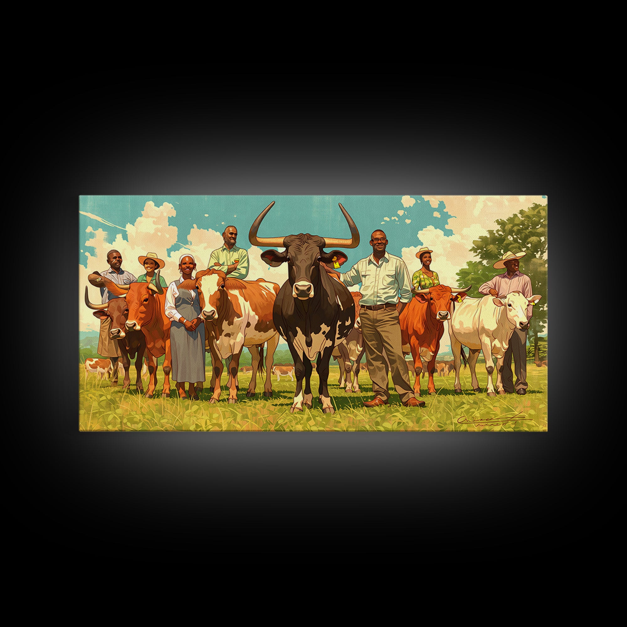 African Family With Cattle Wall Art, Sunny Pasture Portrait, Afrocentric Farm Decor, Vibrant Canvas Print For Living Room