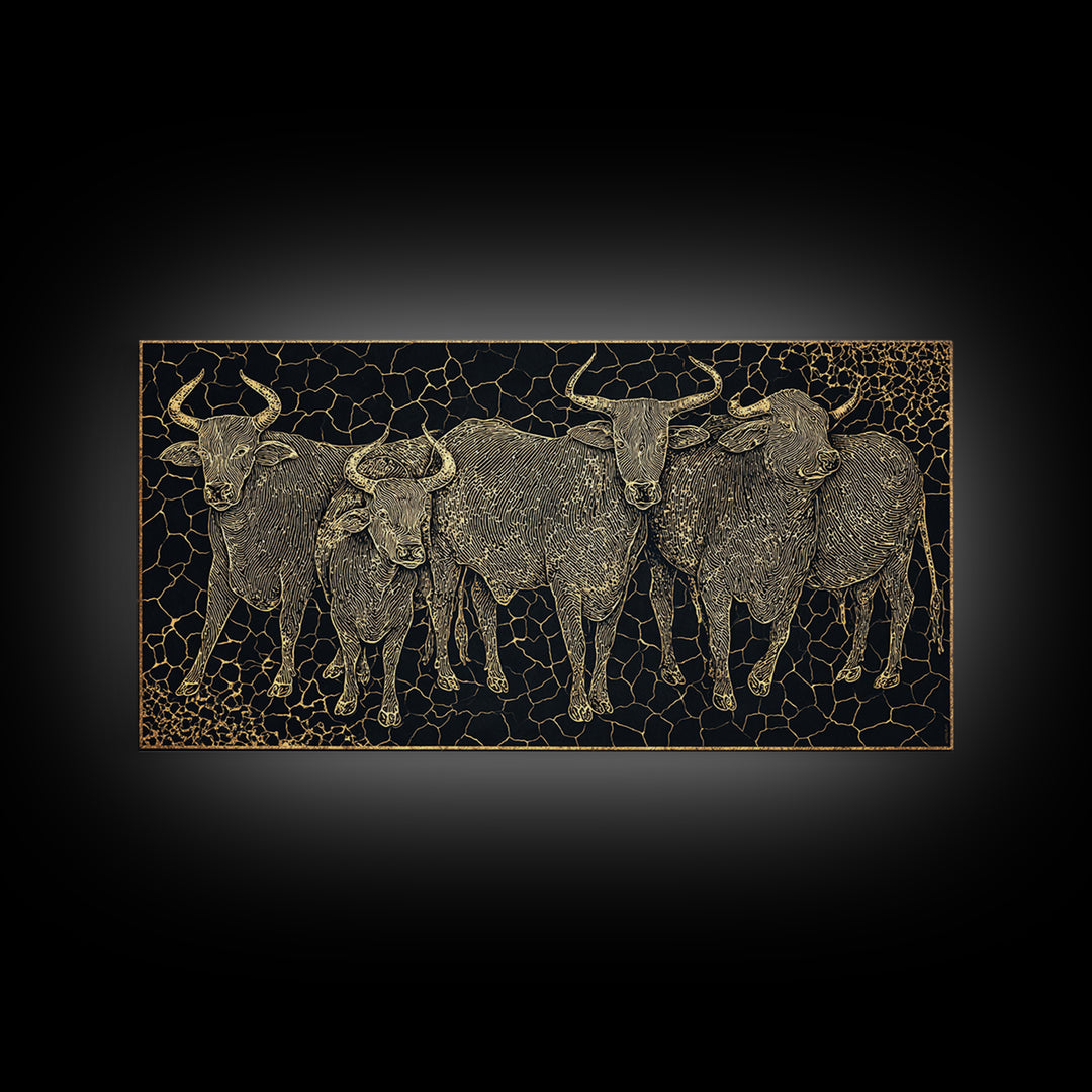 Gold Line Cattle Herd Wall Art, Black Mosaic Tribal Animal Illustration, African Farm Decor, Premium Canvas Print For Home