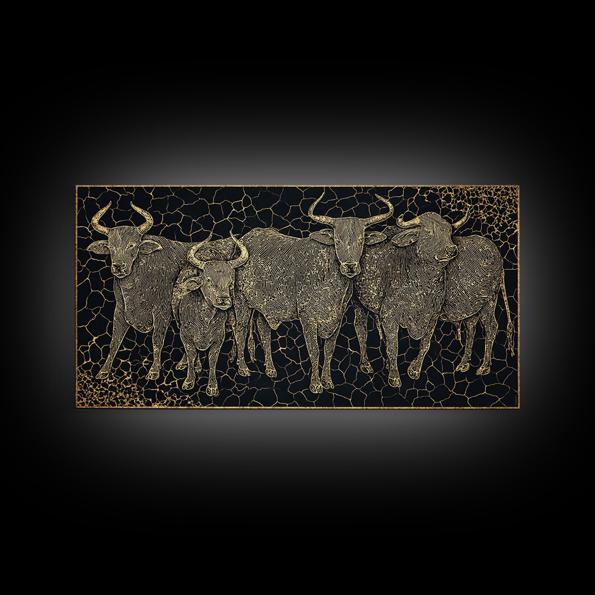 Gold Line Cattle Herd Wall Art, Black Mosaic Tribal Animal Illustration, African Farm Decor, Premium Canvas Print For Home