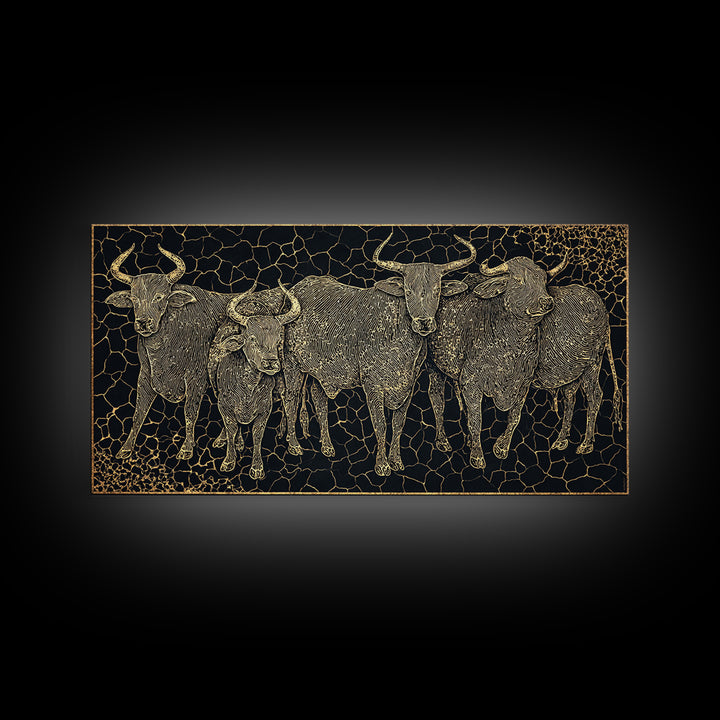 Gold Line Cattle Herd Wall Art, Black Mosaic Tribal Animal Illustration, African Farm Decor, Premium Canvas Print For Home