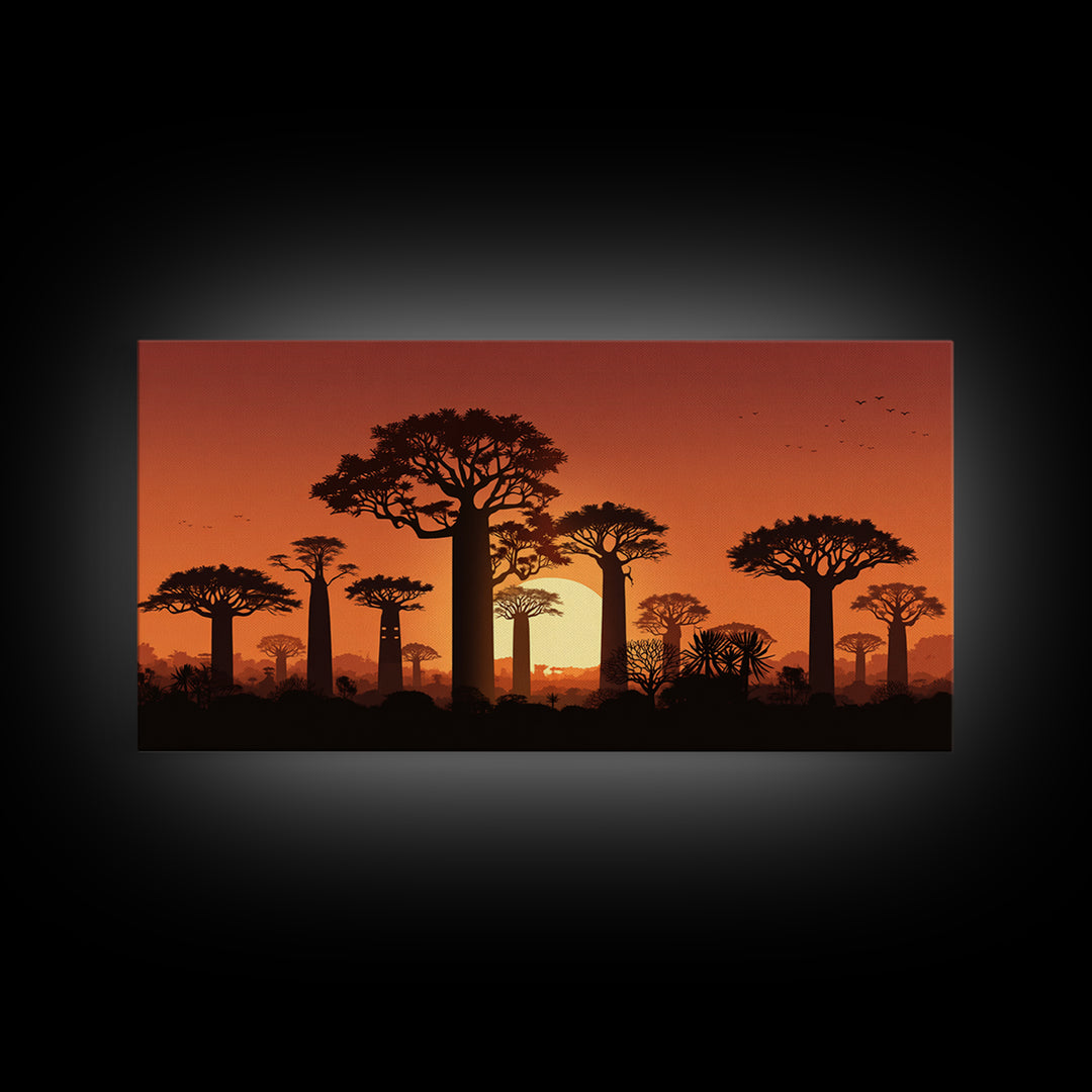 Baobab Trees At Orange Sunset Wall Art, African Landscape Silhouette, Madagascar Safari Decor, Warm Canvas Print For Home