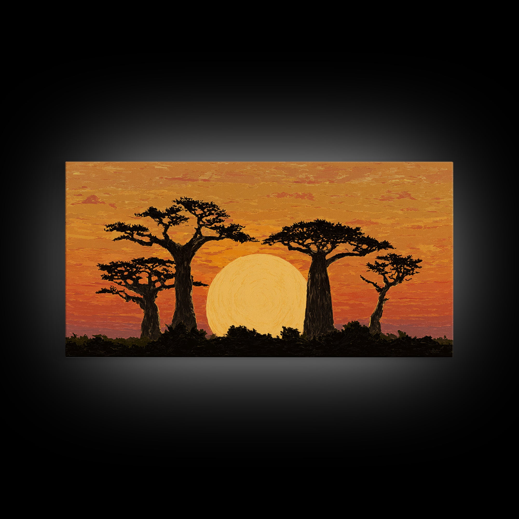 Golden Baobab Sunset Silhouette Wall Art, African Landscape Canvas Decor, Safari Tree Print, Warm Orange Living Room Gift