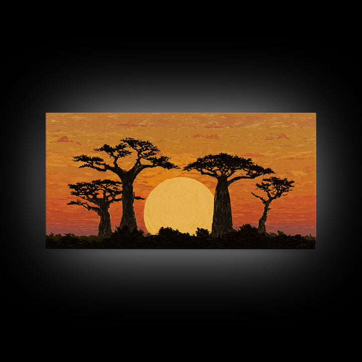 Golden Baobab Sunset Silhouette Wall Art, African Landscape Canvas Decor, Safari Tree Print, Warm Orange Living Room Gift