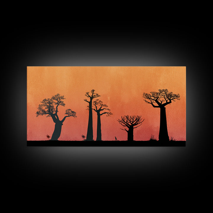 Minimal Baobab Grove Silhouette Canvas Print, African Landscape Wall Decor, Orange Sunset Safari Art, Boho Home Decor Gift