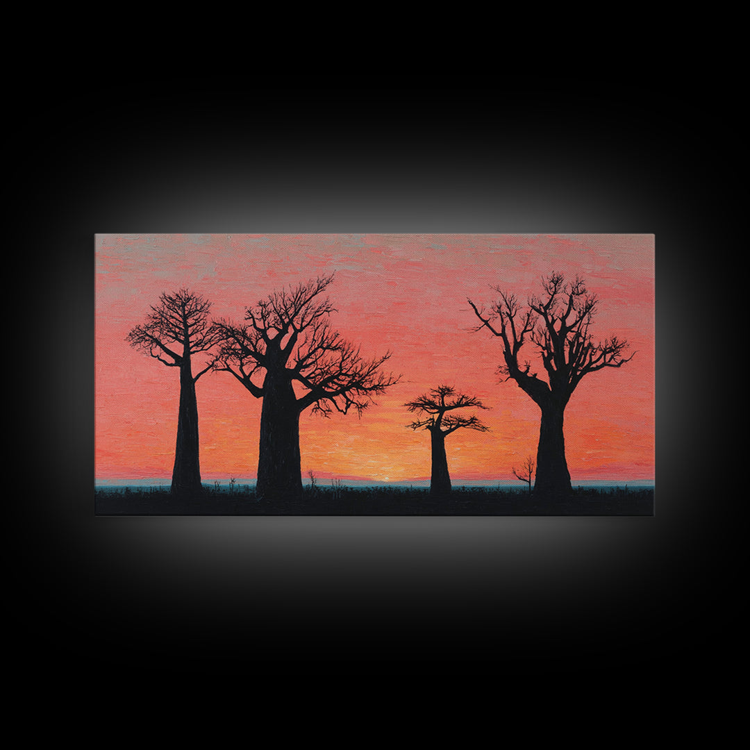 Coral Baobab Tree Silhouette Wall Art, African Landscape Print, Pink Sunset Safari Decor, Modern Canvas Gift For Home Decor