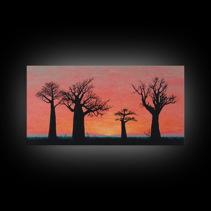Coral Baobab Tree Silhouette Wall Art, African Landscape Print, Pink Sunset Safari Decor, Modern Canvas Gift For Home Decor