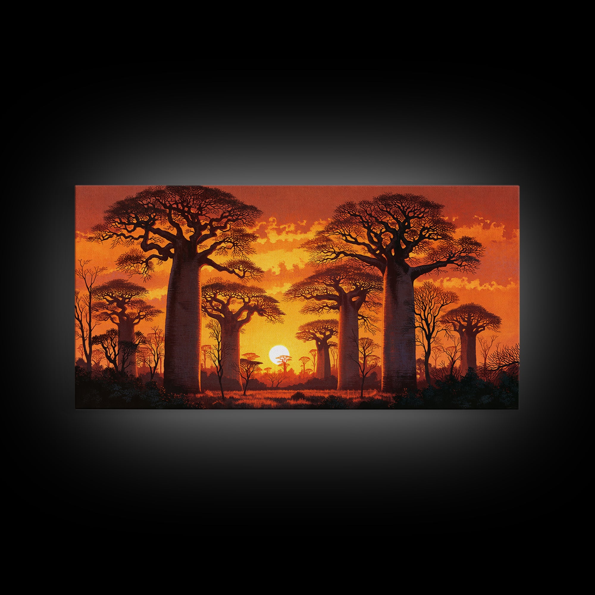 Fiery Baobab Avenue At Sunset Framed Canvas Print, African Safari Landscape Wall Decor, Dramatic Orange Statement Art Gift