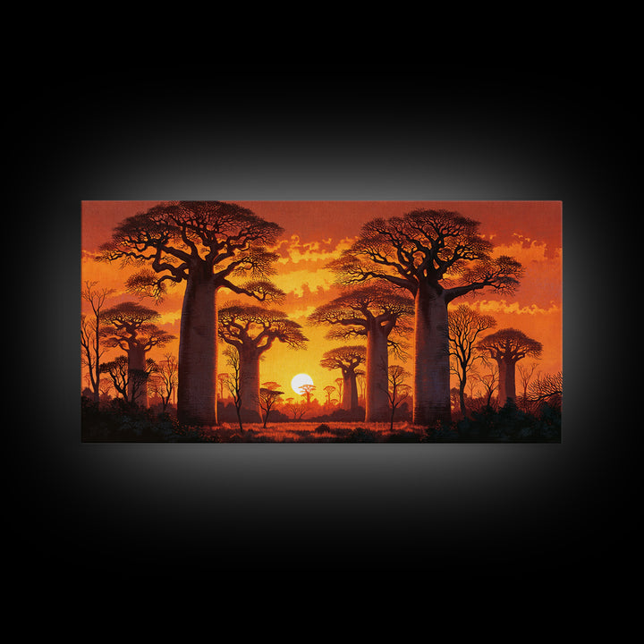 Fiery Baobab Avenue At Sunset Framed Canvas Print, African Safari Landscape Wall Decor, Dramatic Orange Statement Art Gift