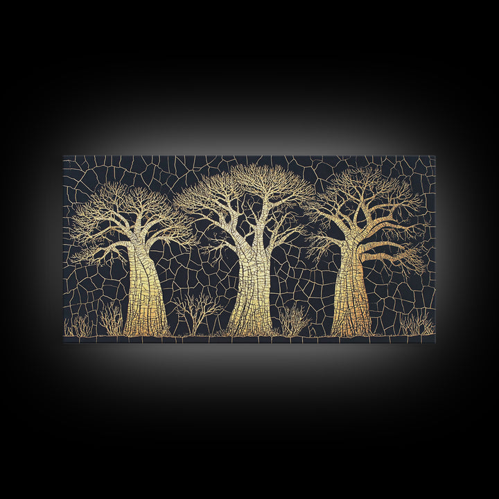 Gold Mosaic Baobab Forest Wall Art, African Tree Canvas Decor, Black And Gold Geometric Safari Print, Luxury Home Decor Gift