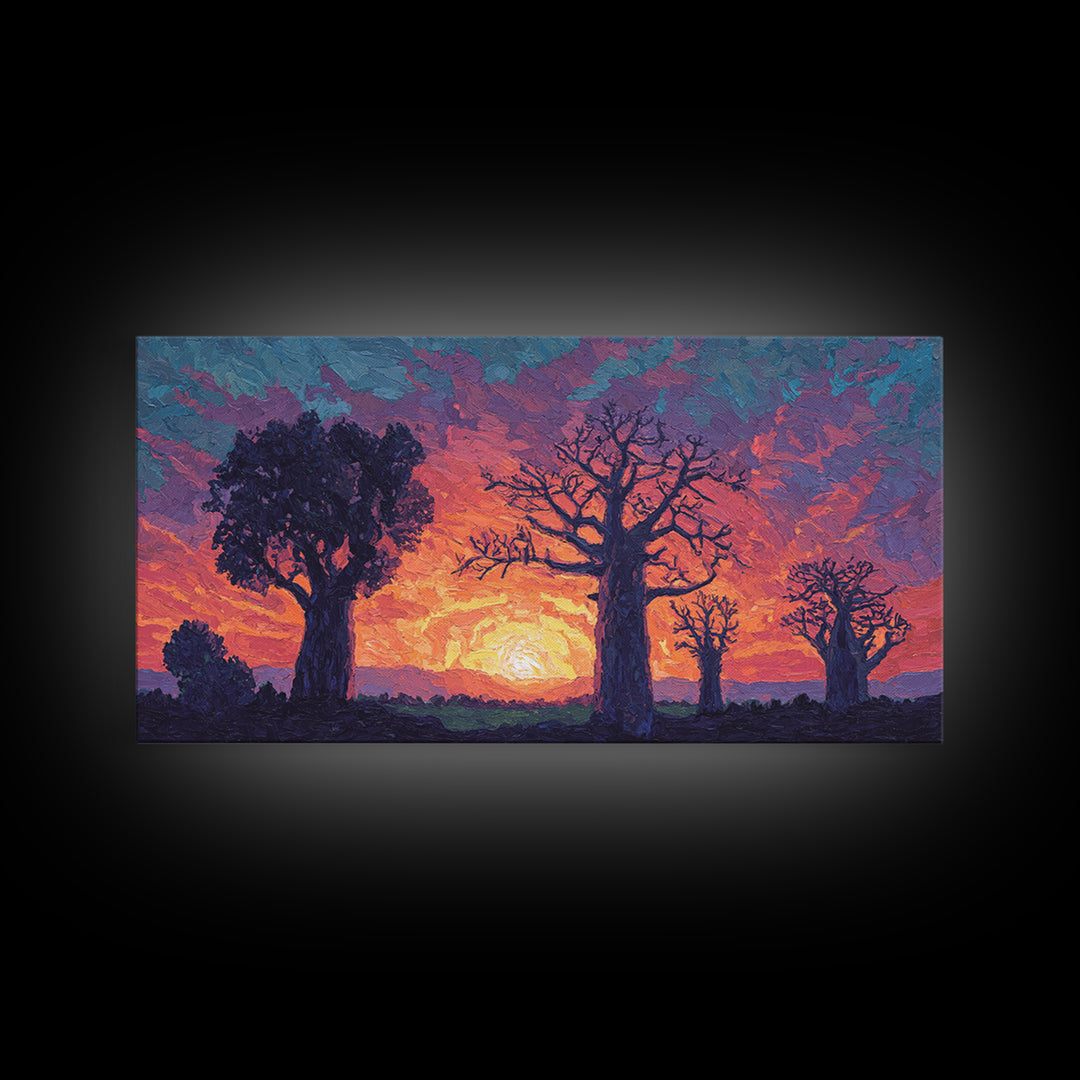 Textured Baobab Sunset Canvas Print, African Landscape Wall Decor, Purple Orange Modern Safari Art, Dreamy Living Room Gift
