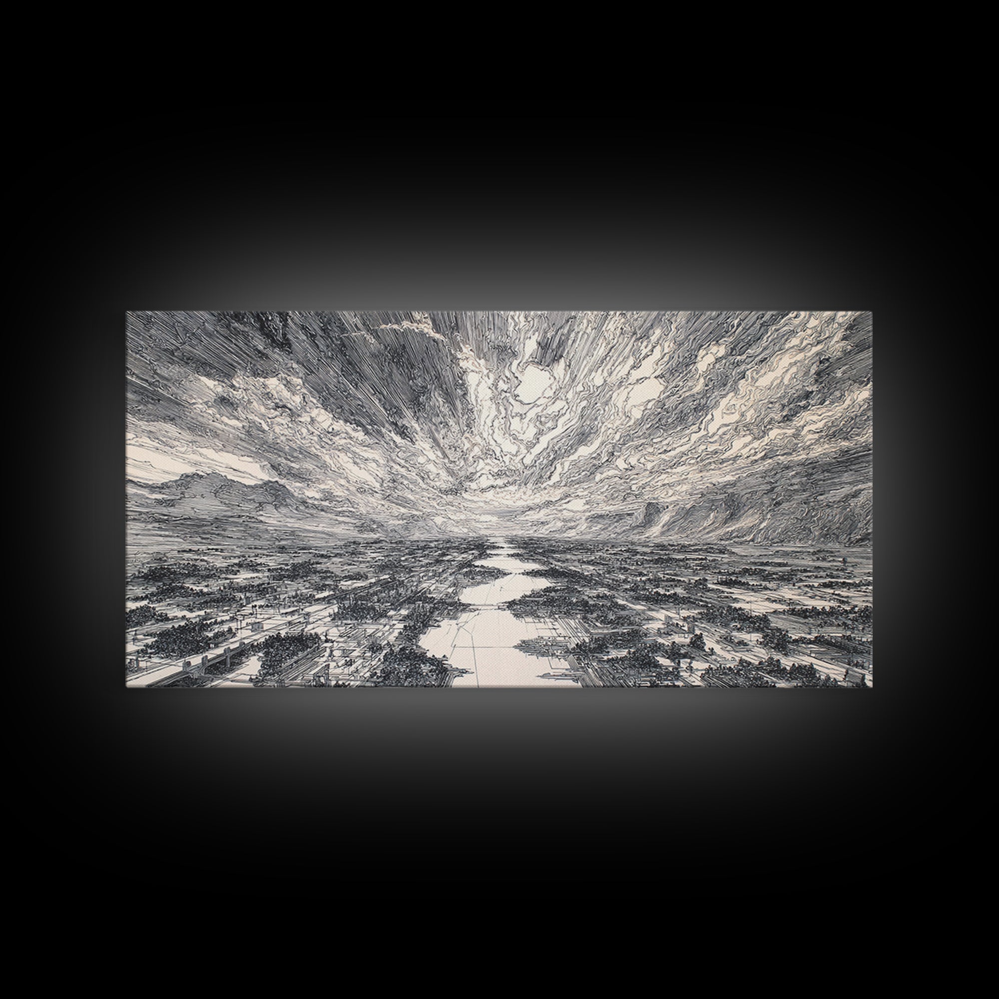 Black And White Etched River Valley Wall Art, African Landscape Print, Dramatic Sky Minimalist Office Decor, Fine Art Gift