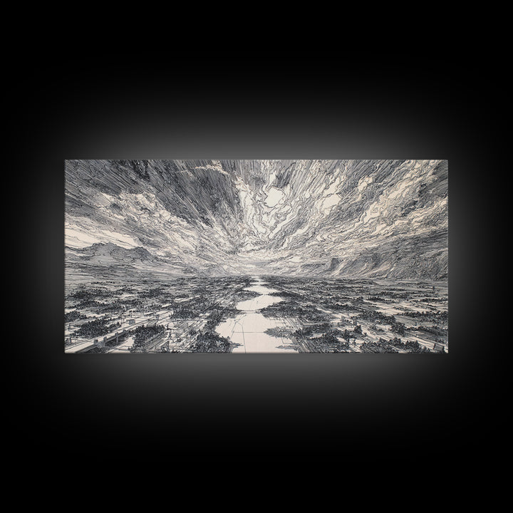 Black And White Etched River Valley Wall Art, African Landscape Print, Dramatic Sky Minimalist Office Decor, Fine Art Gift