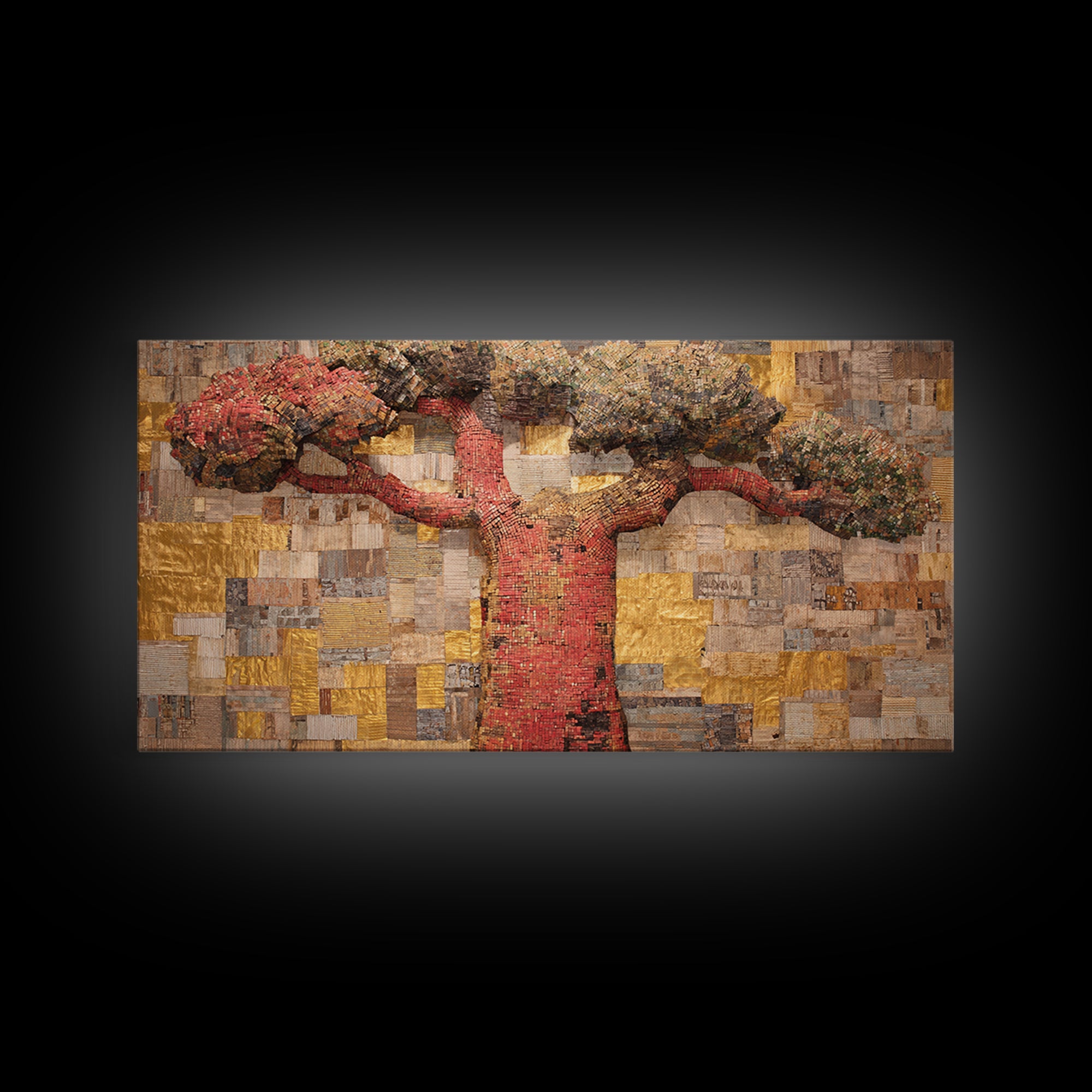 Red Baobab Collage On Gold Canvas Print, African Tree Wall Decor, Textured Mosaic Landscape Art, Bold Living Room Home Decor Gift